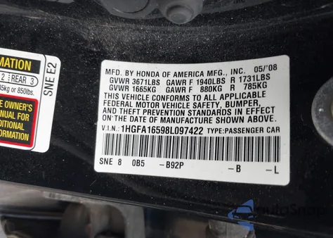 2008 Honda Civic Lx from USA, damaged, VIN 1HGFA16598L097422